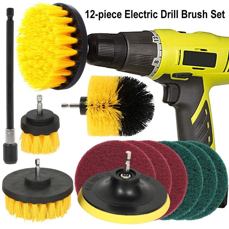12Pcs Brush Electric Drill Clean Hard Floor Kitchen Surface Stains Tool